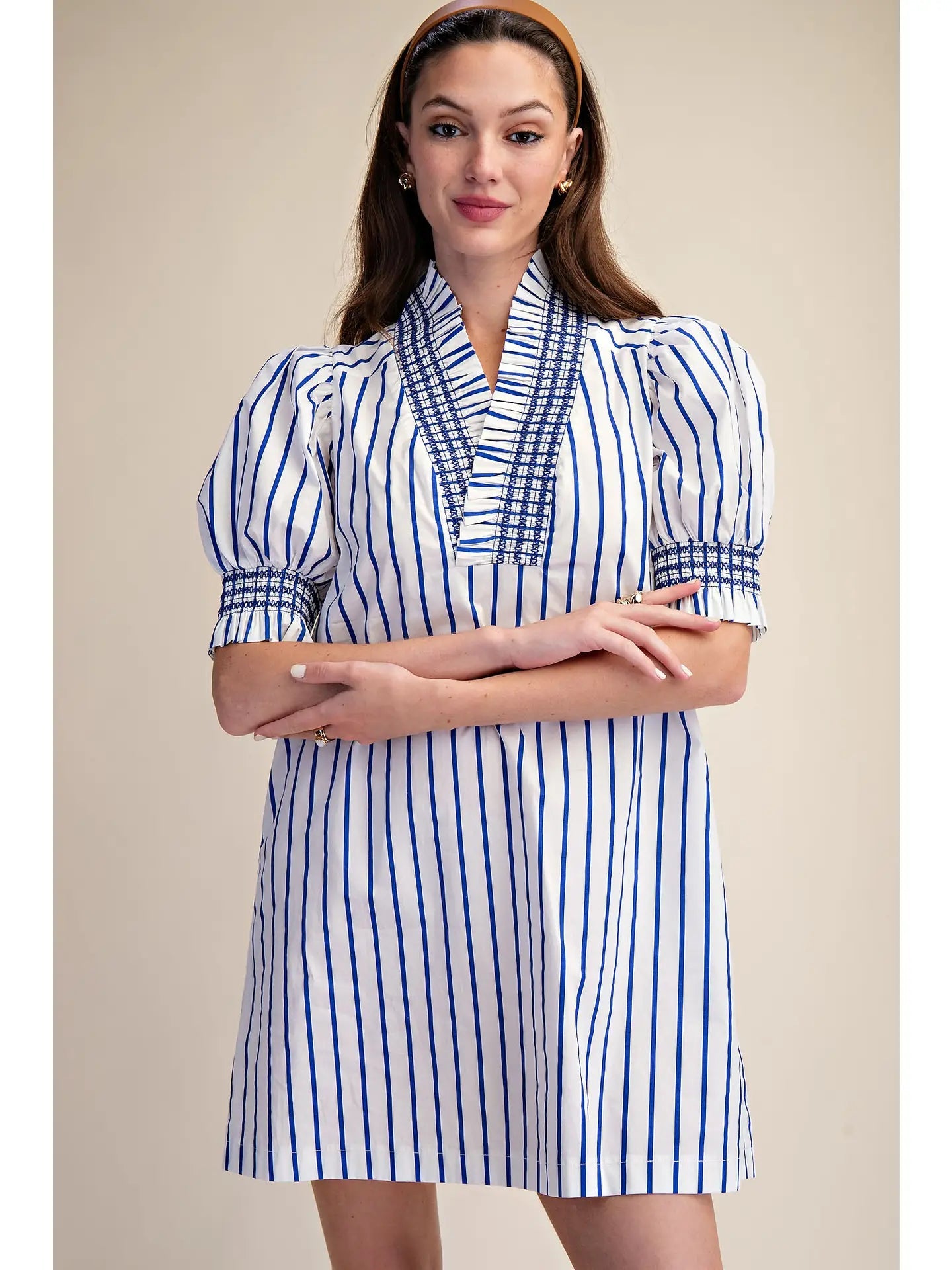Ruffle V-Neck Smocked Puff Sleeve Stripe Mini Dress Glam