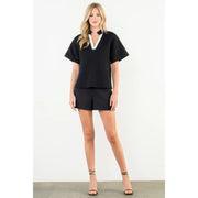 Contrast V-Neck Textured Short Sleeve Top THML