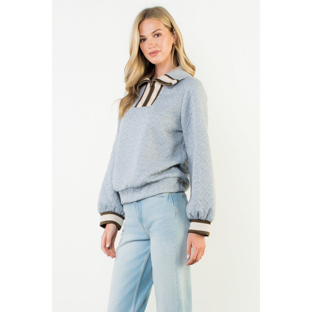 Quilted Half Zip Contrast Trim Sweater THML