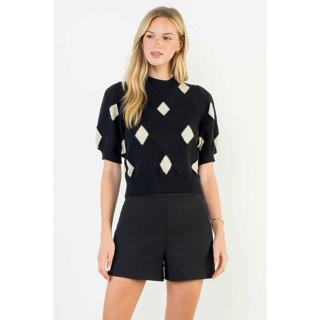 Short Sleeve Argyle Knit Top THML