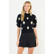 Short Sleeve Argyle Knit Top THML