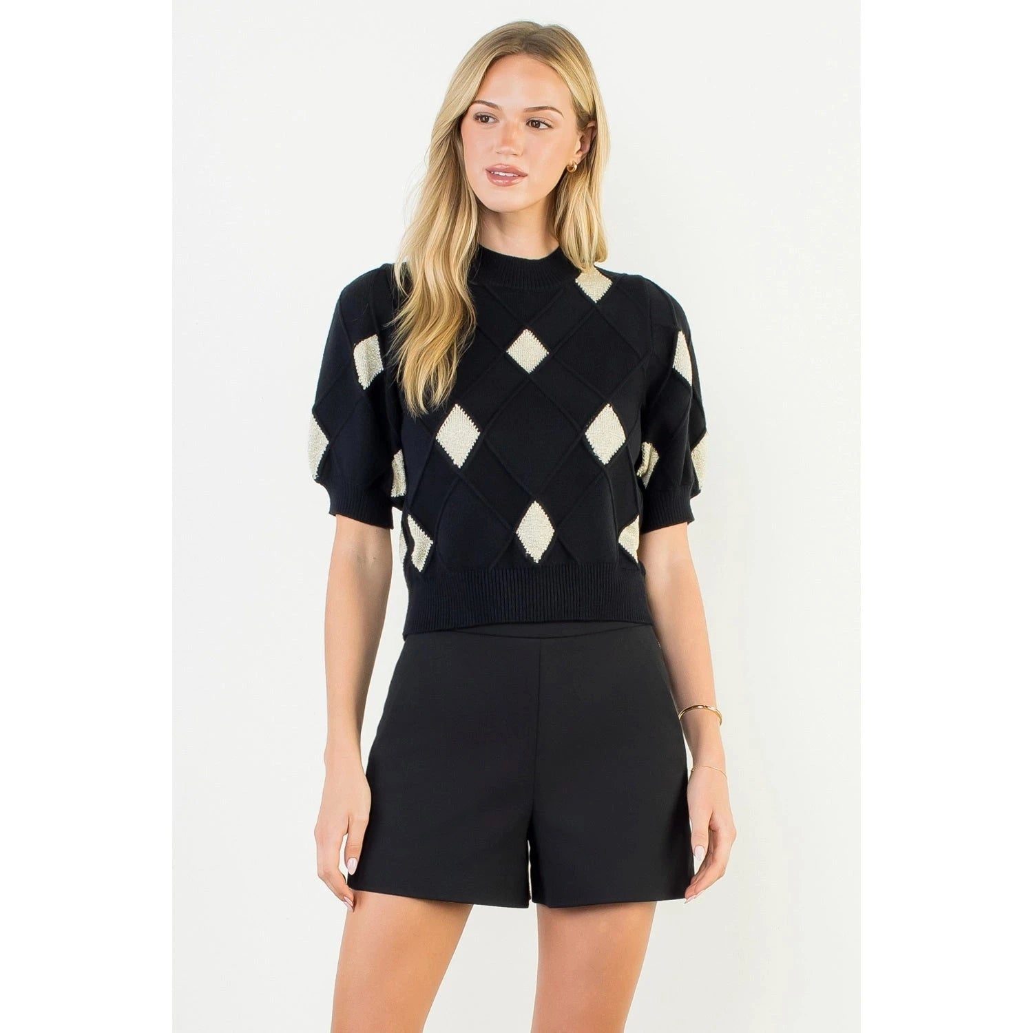 Short Sleeve Argyle Knit Top THML