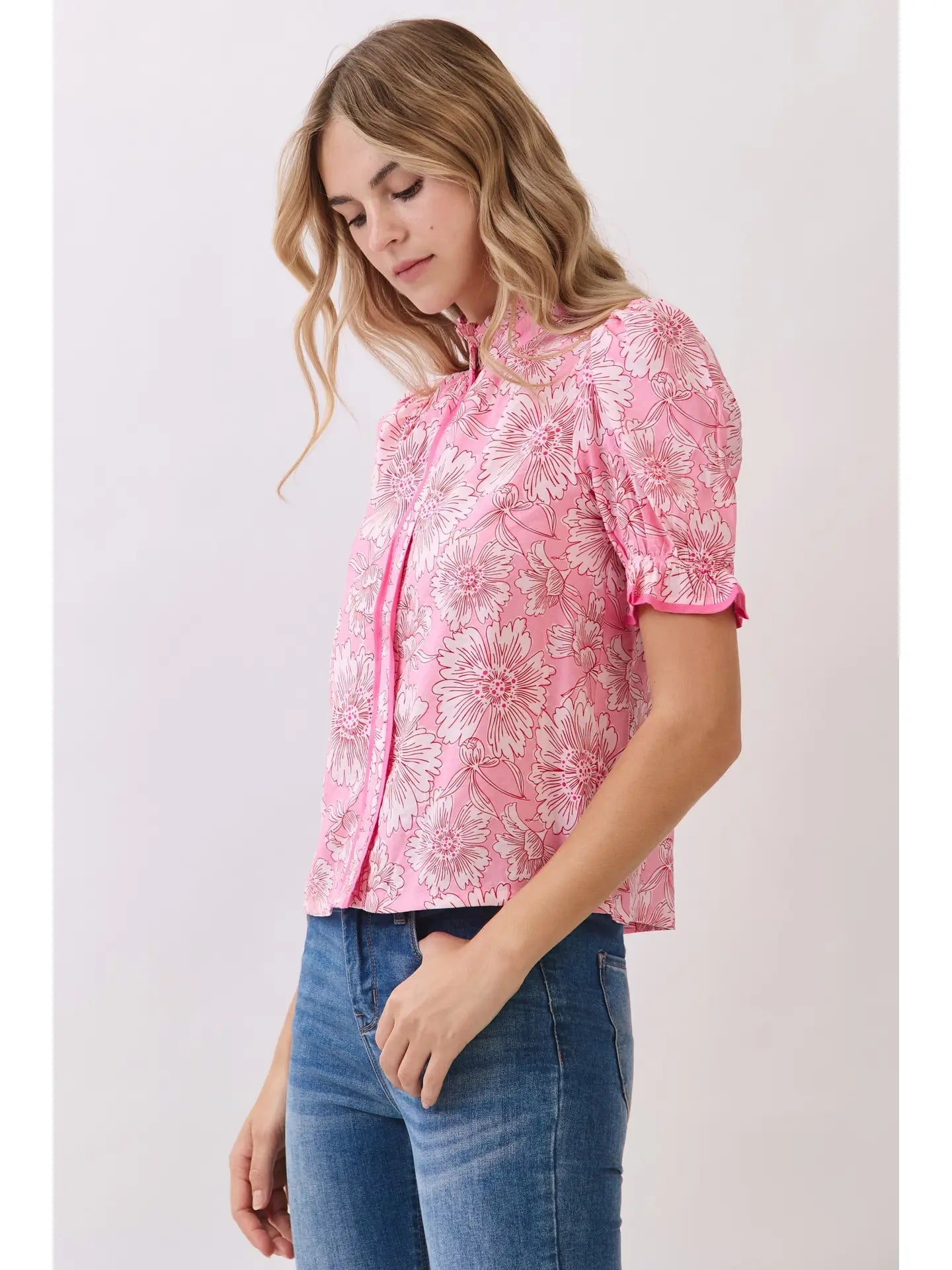Floral Contrast Piping Detail Puff Sleeve Blouse TCEC