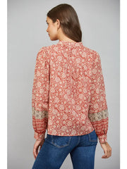 Border Print Ruffled Button Front Blouse Fate