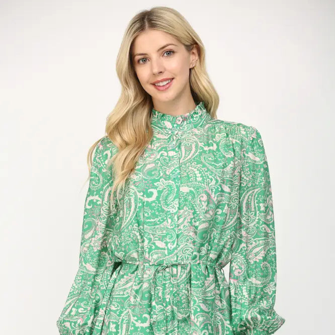 Paisley Ruffled Collar Detail Button Down Dress