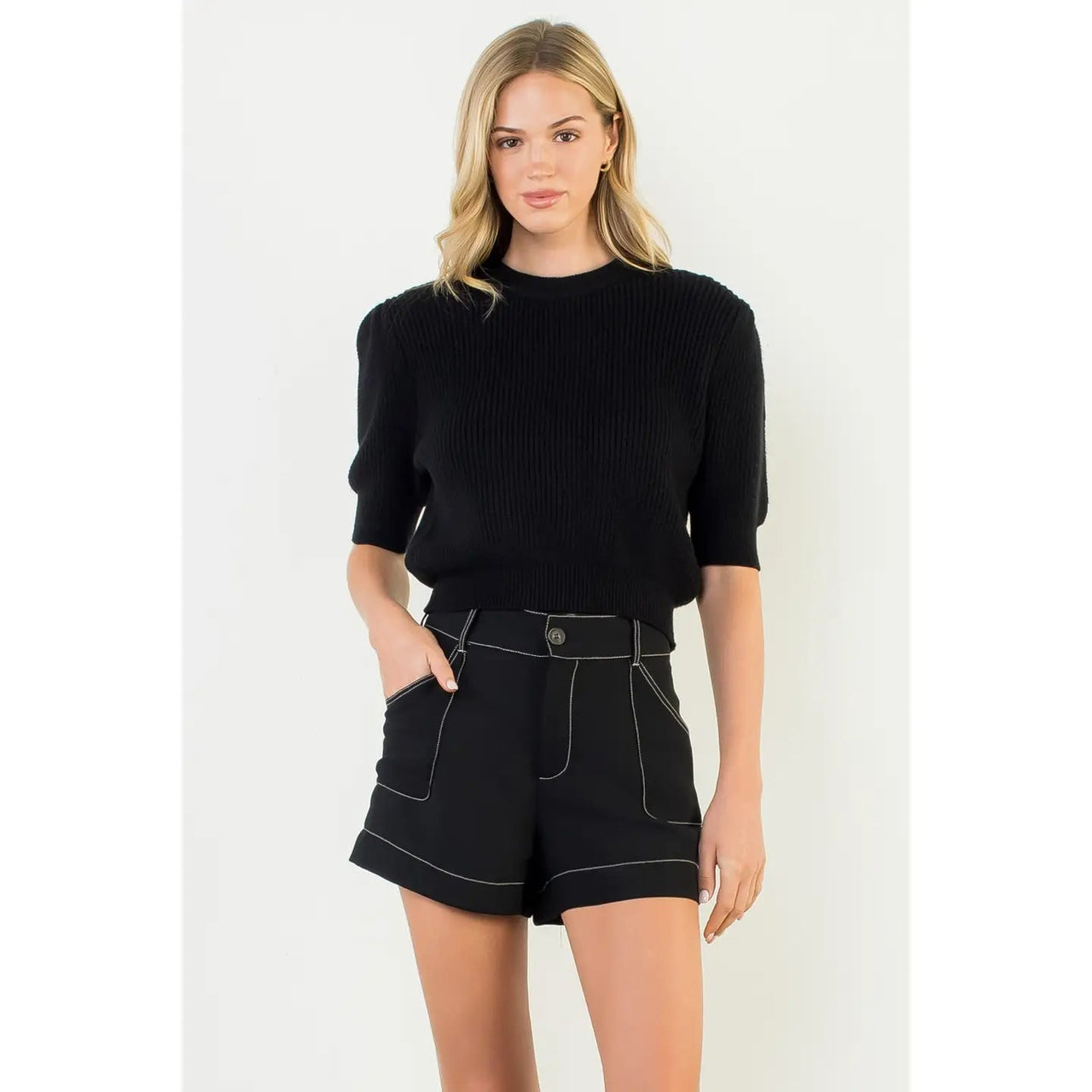 Contrast Stitch High Waist Pocket Shorts THML
