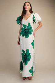 Floral Puff-Sleeve A-Line Maxi Dress Glam