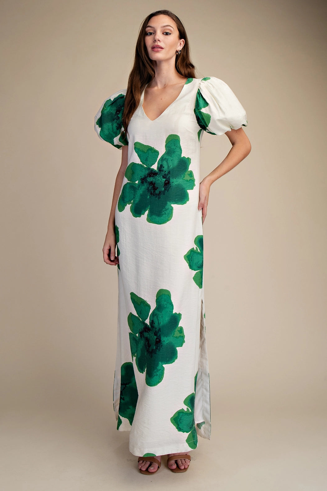 Floral Puff-Sleeve A-Line Maxi Dress Glam