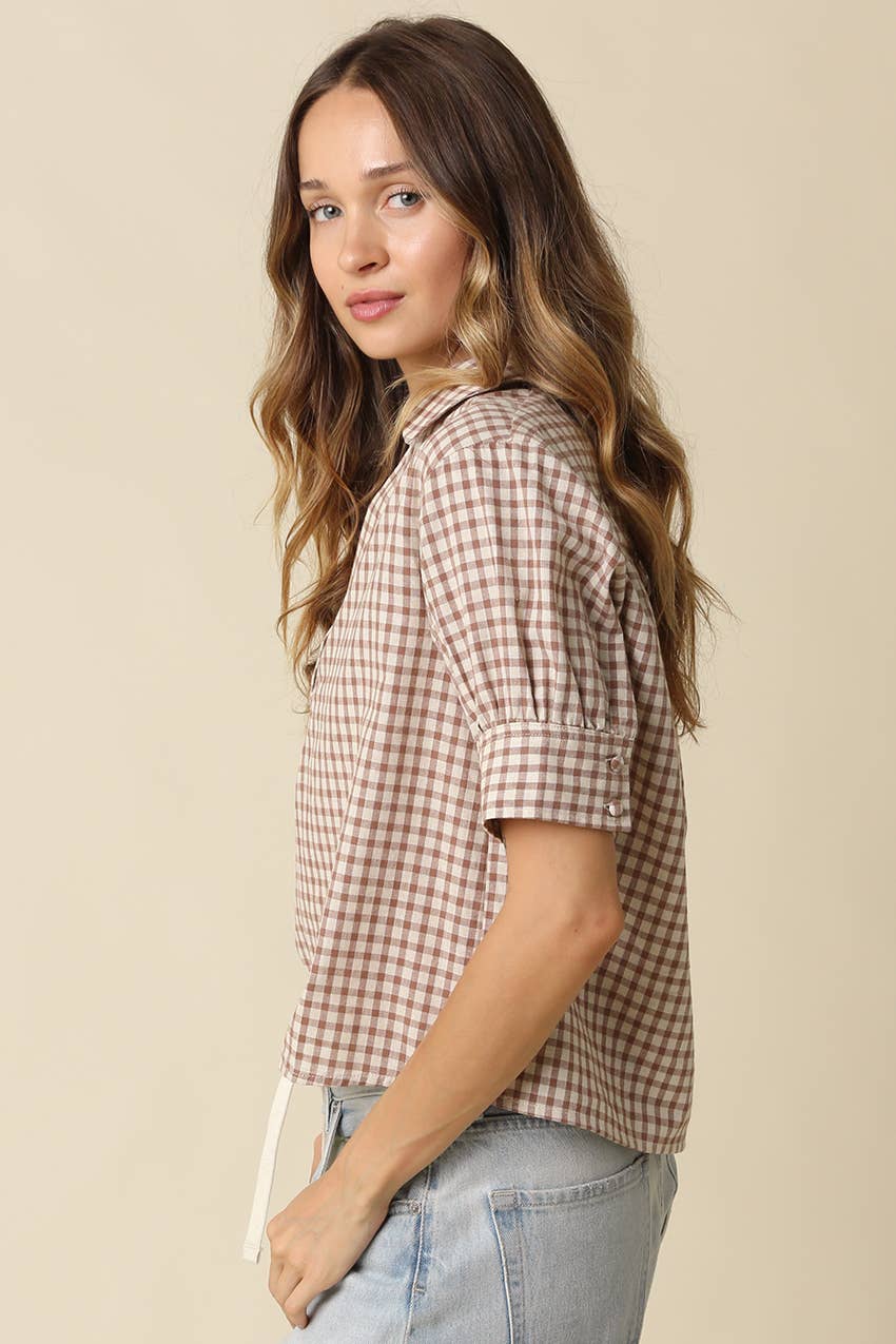 Anni Gingham Puff Sleeve Blouse Olivaceous