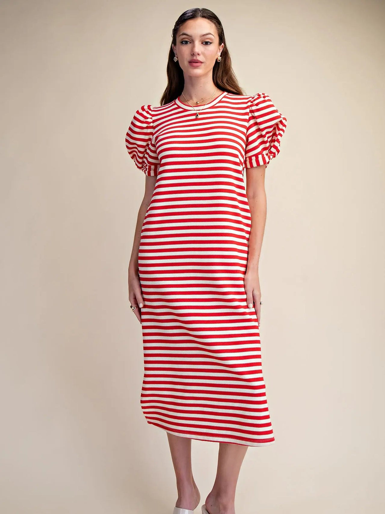 Comfortable Midi Dress Round Neck Puff Short Sleeve Glam