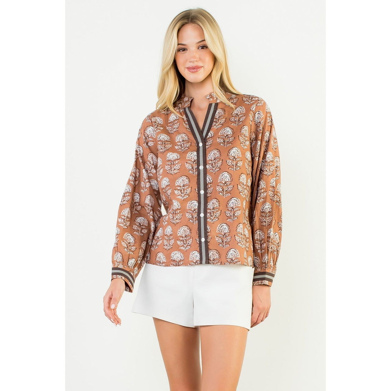 Long Sleeve Floral Detail Button Up Top THML