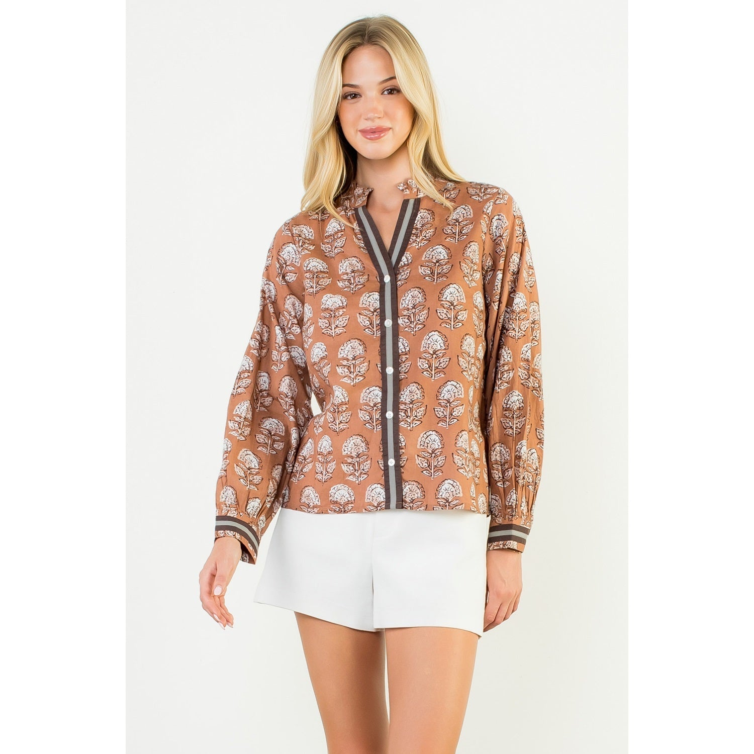 Long Sleeve Floral Detail Button Up Top THML