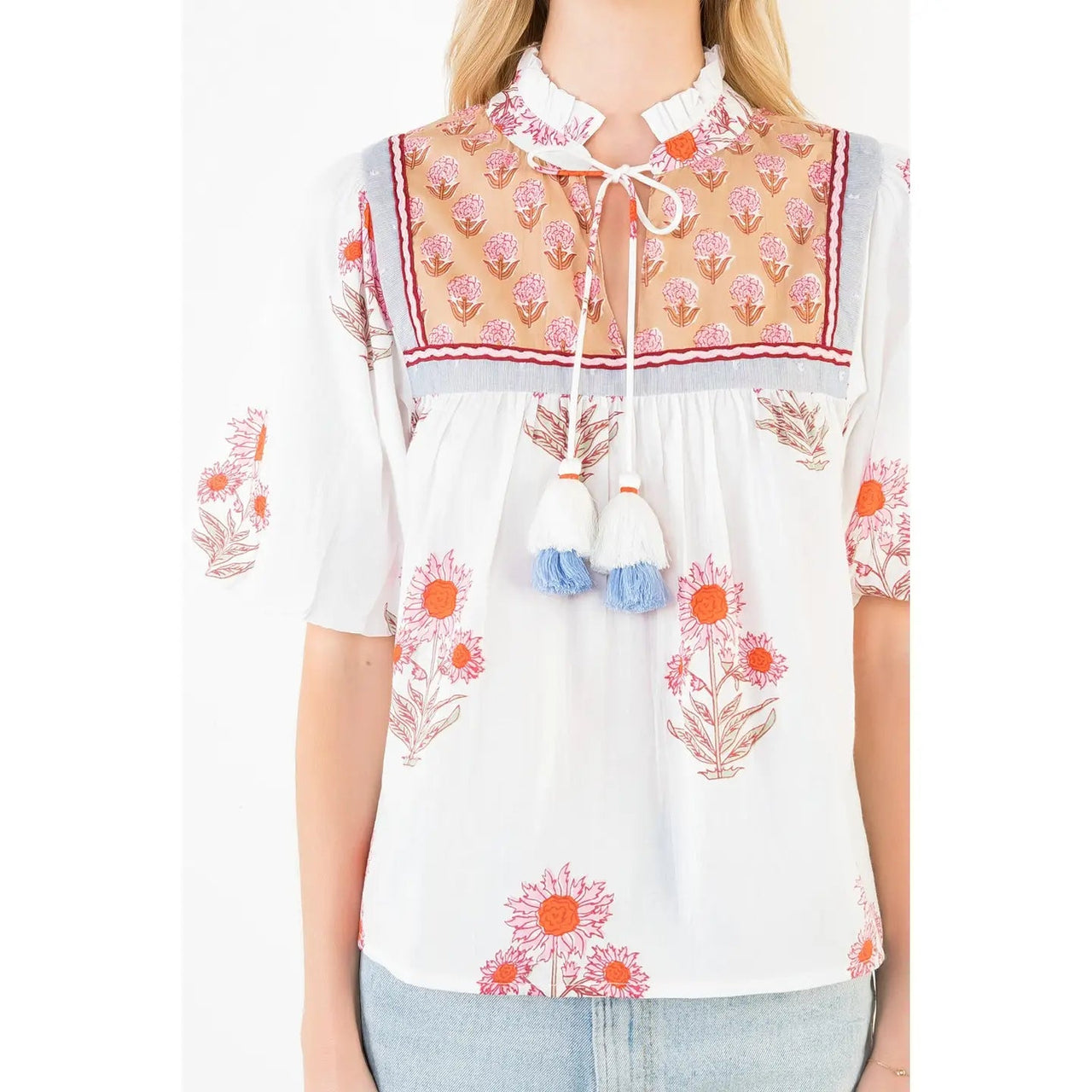 Puff Sleeve Floral Pattern Tassel Top THML