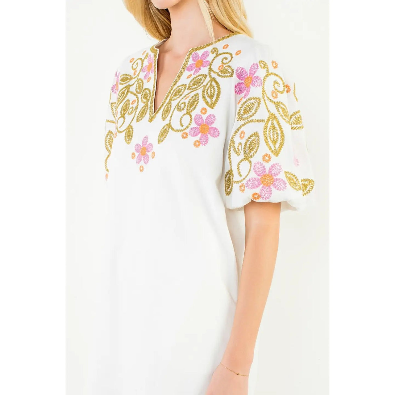 Puff Sleeve Embroidery Detail V-Neck Dress THML