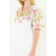 Puff Sleeve Embroidery Detail V-Neck Dress THML