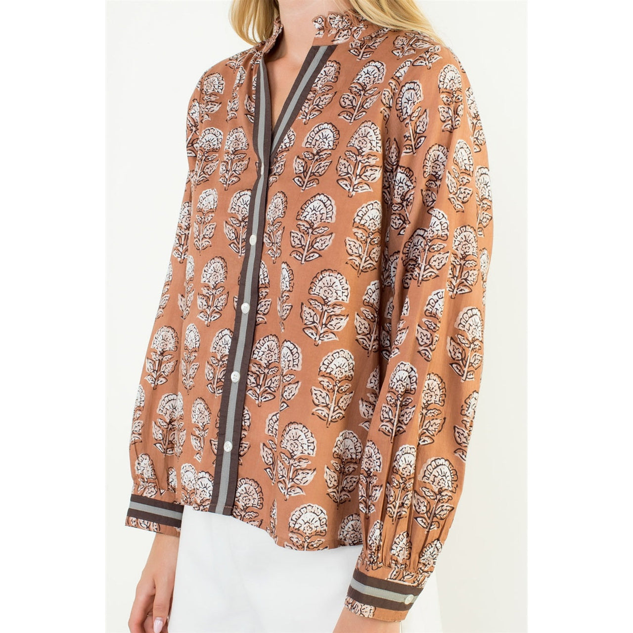 Long Sleeve Floral Detail Button Up Top THML