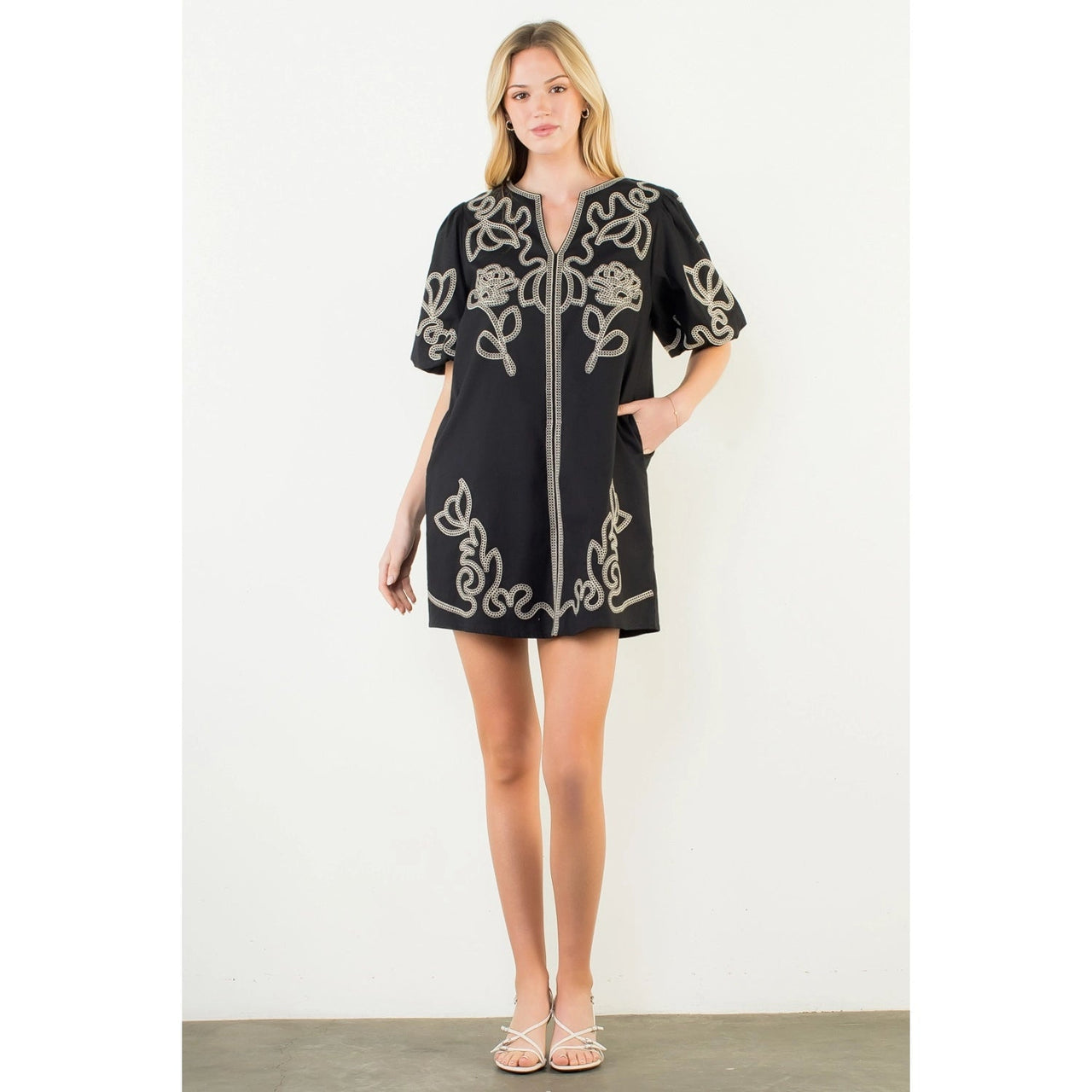 Puff Sleeve Embrpidery Detail V-Neck Dress THML