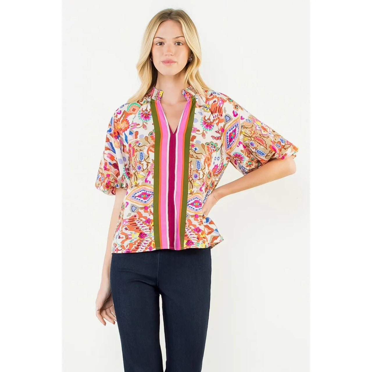 Puff Sleeve Pattern Detail Textured Top THML
