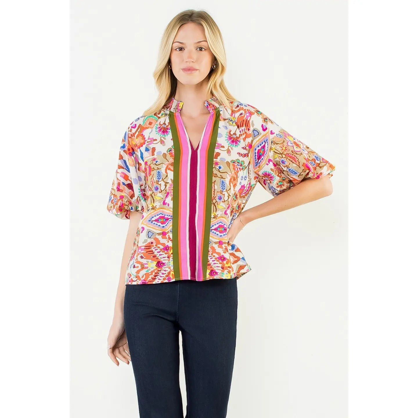 Puff Sleeve Pattern Detail Textured Top THML