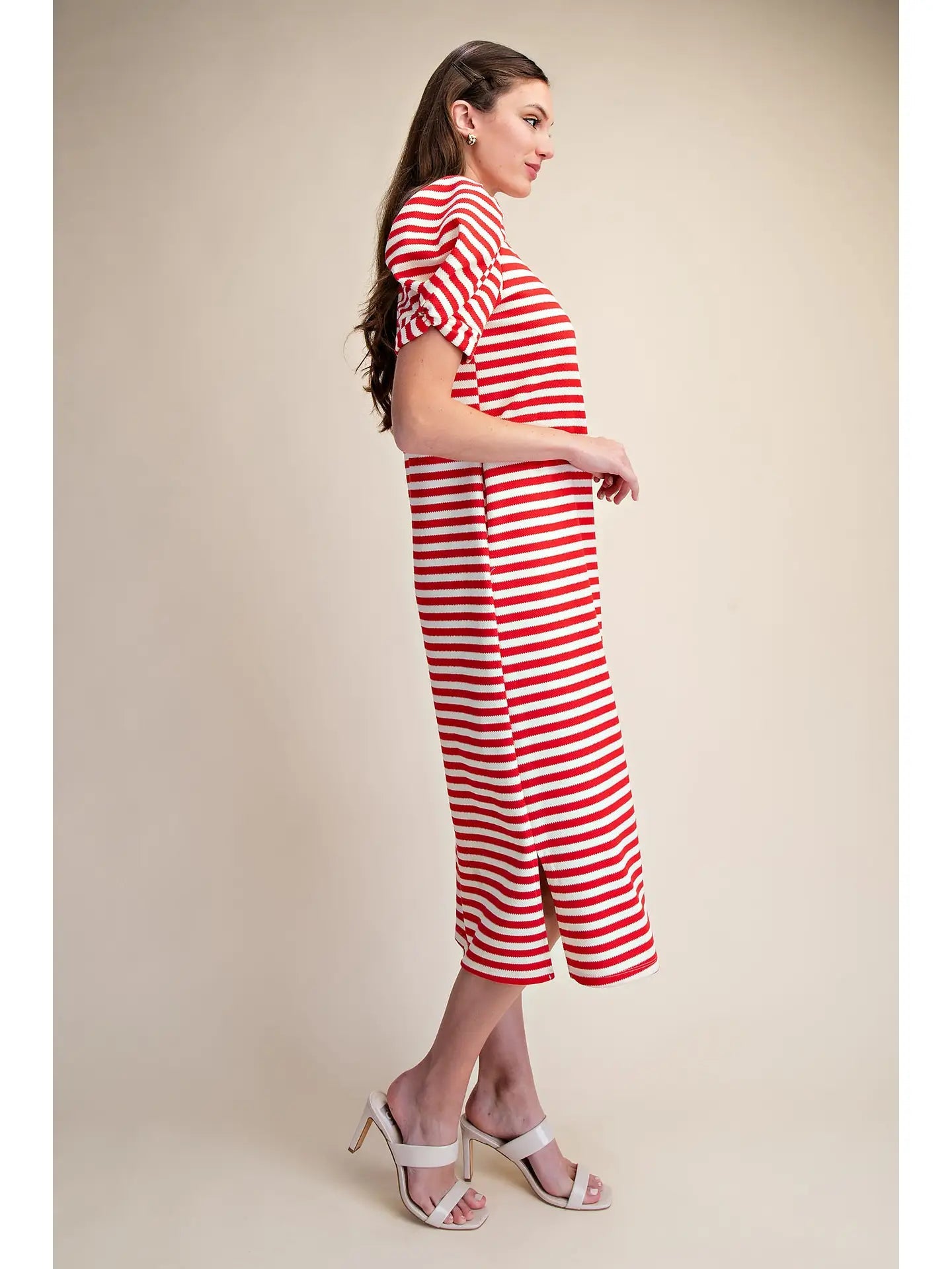 Comfortable Midi Dress Round Neck Puff Short Sleeve Glam