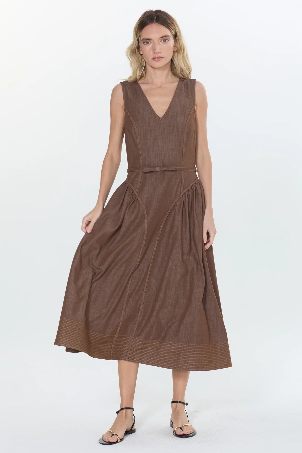 Bruni Topstitched Denim Effect Midi Dress Ciebon