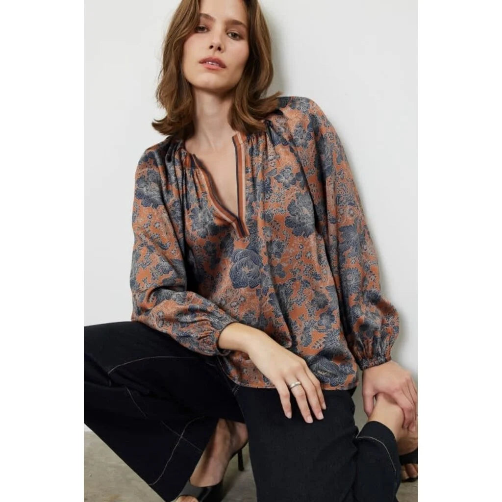 Printed Long Sleeve Blouse with Split Neckline Current Air
