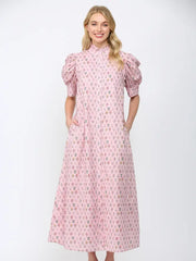 Floral Print High Ruffled Mock Neck Button Down Maxi Dress Fate