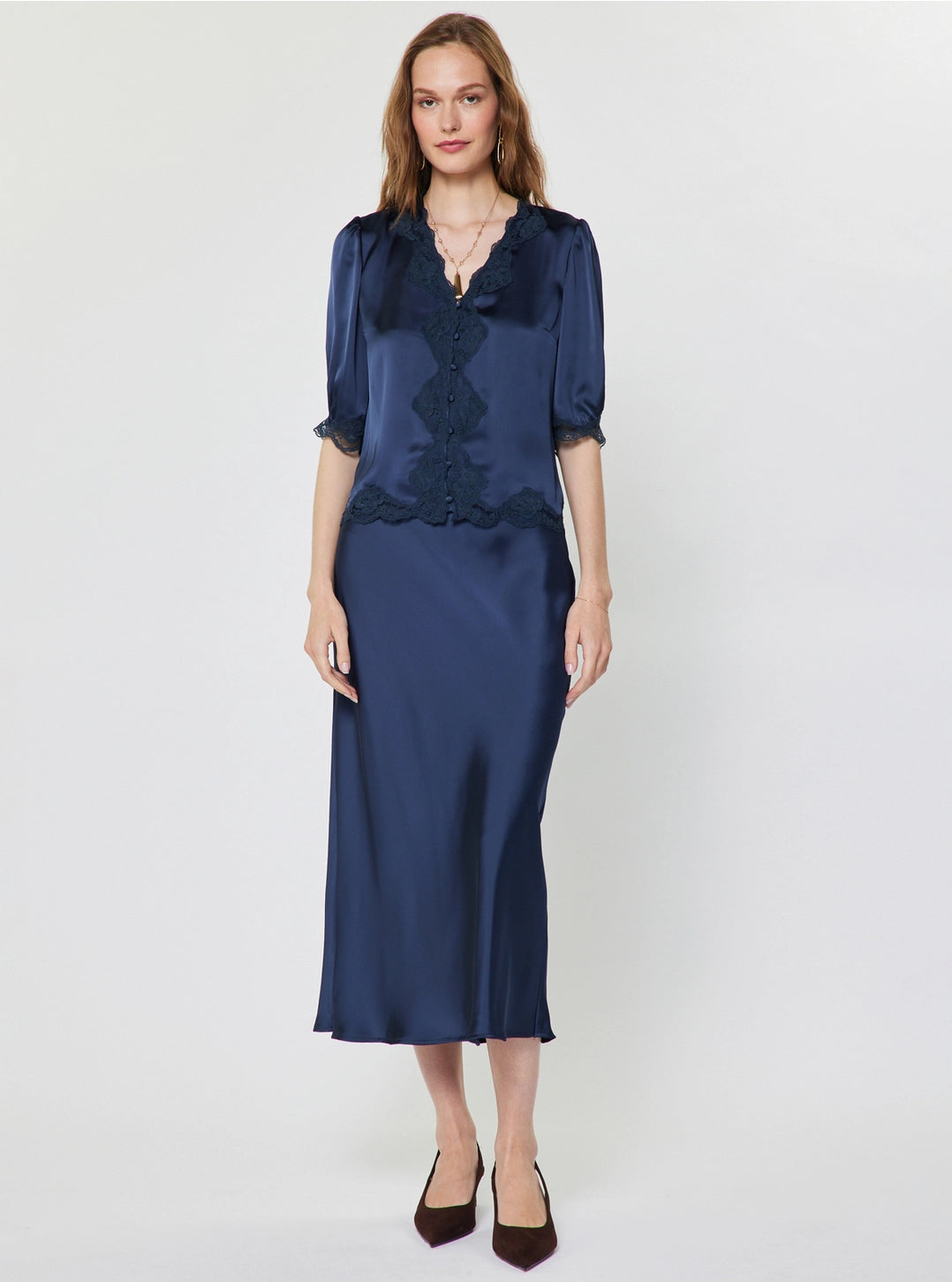 Elasticized Waist Satin Midi Skirt Current Air