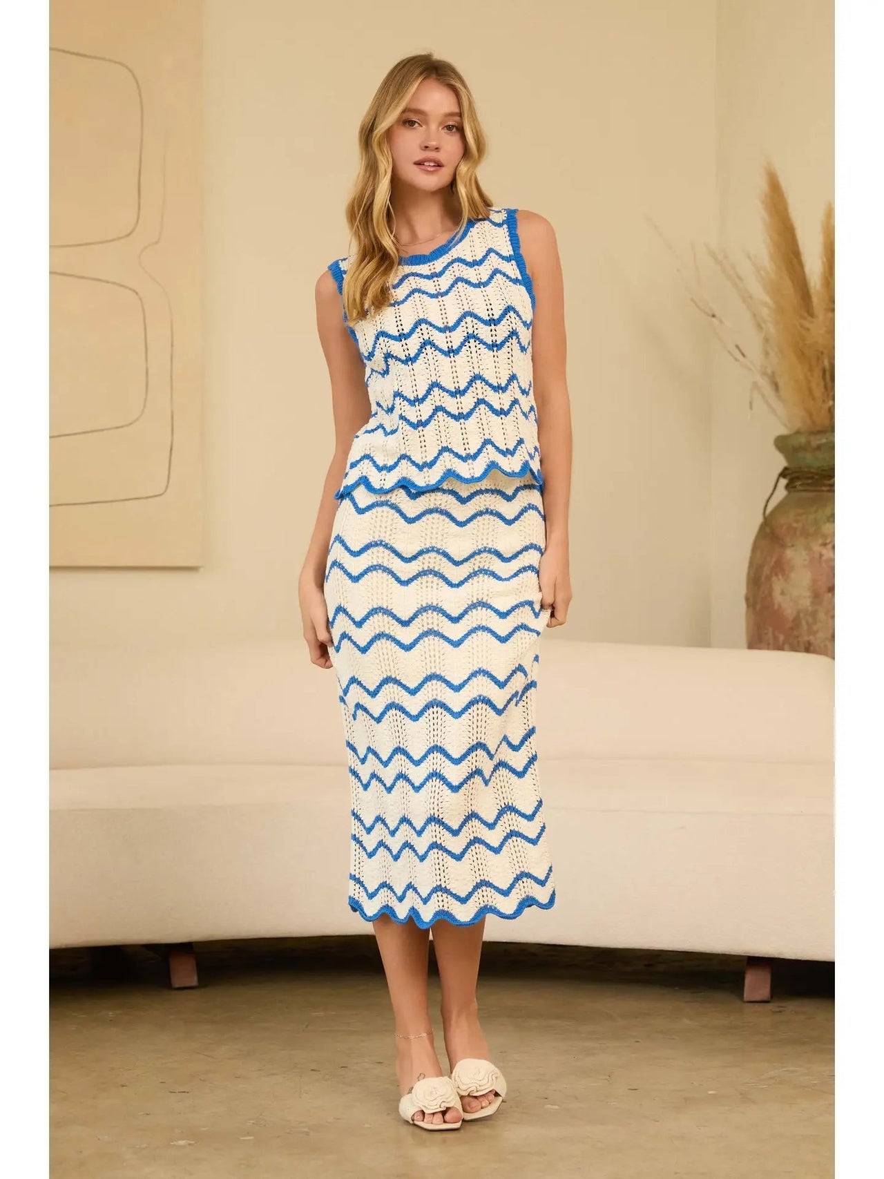 Scalloped Striped Knit Tank Top Skies are Blue