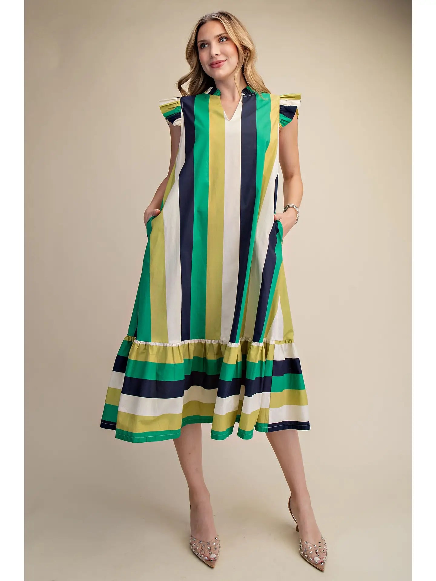 Ruffle Neck Sleeveless Flutter Stripe Midi Dress Glam