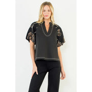 Puff Sleeve with Embroidery Detail Top THML