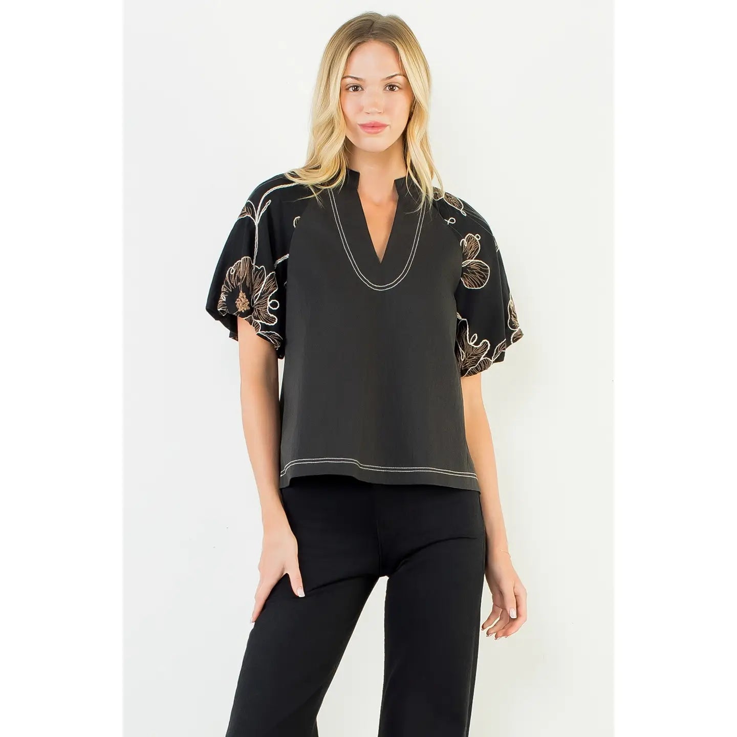 Puff Sleeve with Embroidery Detail Top THML