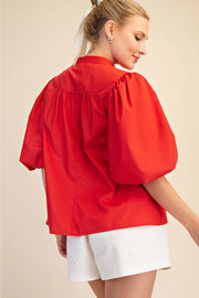 China Collar V-Neck Bubble Sleeve Poplin Top Glam