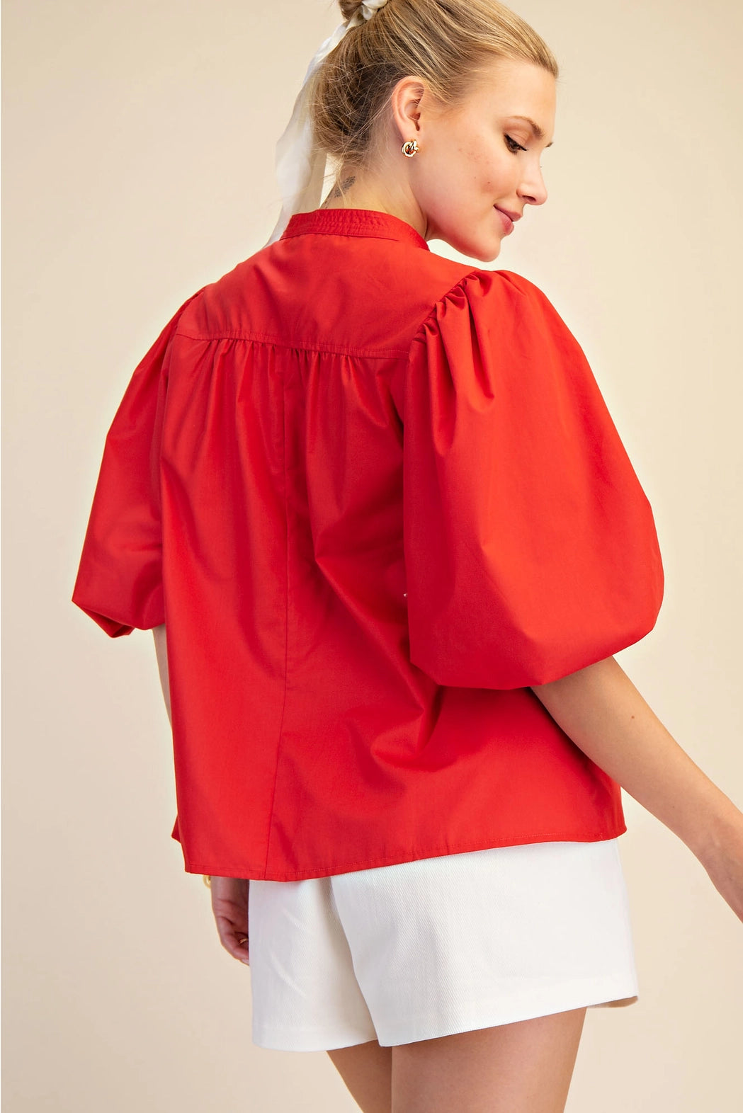 China Collar V-Neck Bubble Sleeve Poplin Top Glam