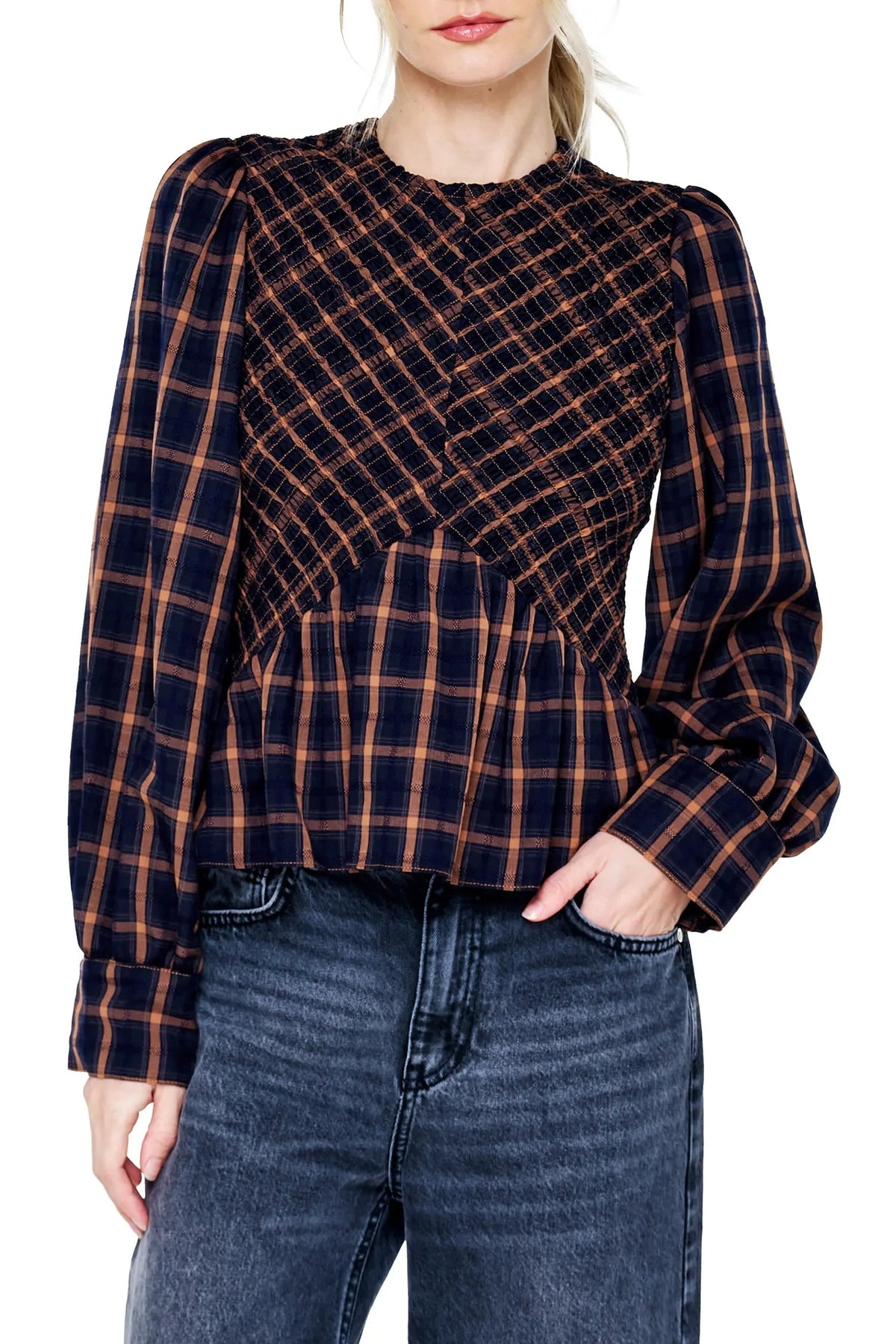 Larue Plaid Smocked Top Ciebon