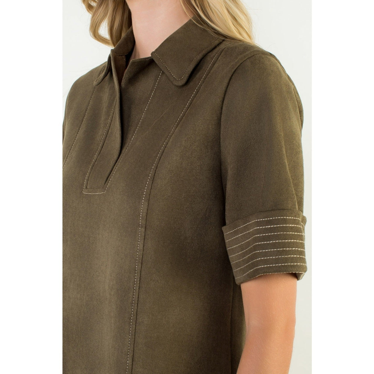 Short Sleeve Collared Suede Dress THML