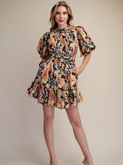 Floral Mini Dress Puff-Sleeve Button-Front with Belt Glam