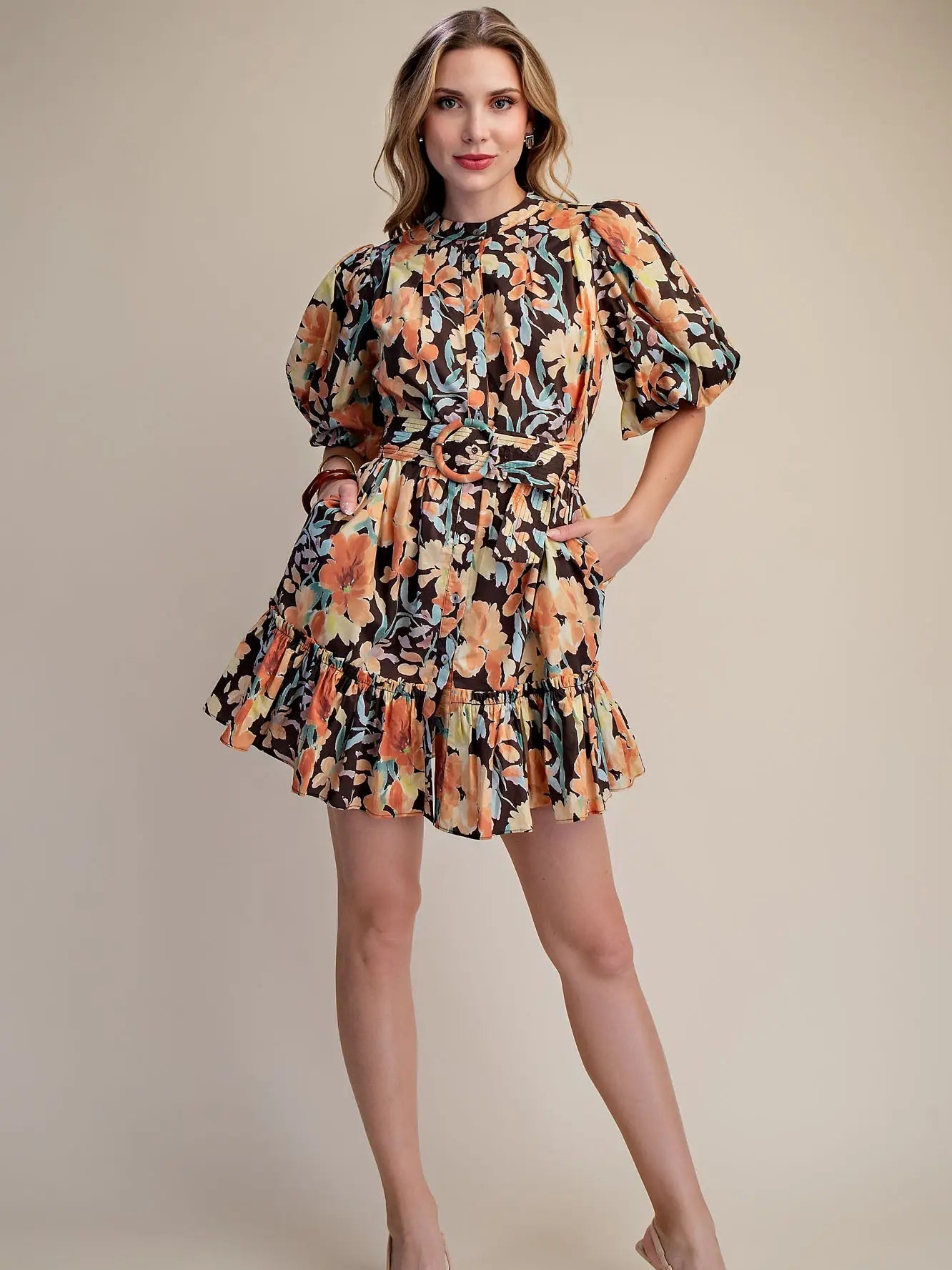 Floral Mini Dress Puff-Sleeve Button-Front with Belt Glam