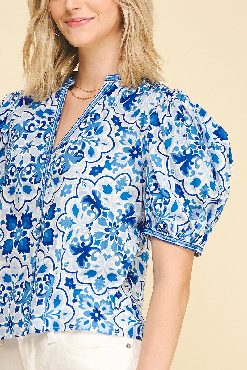 Damask V-Neck Blouse Top Pinch