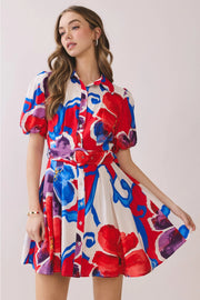 Bold Floral Print Belted Mini Shirt Dress TCEC