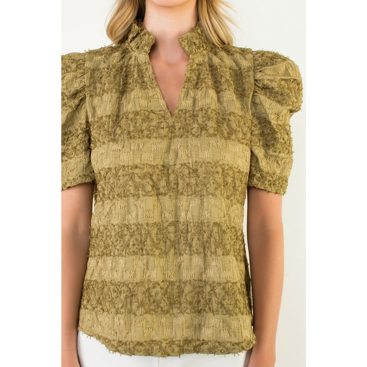 Textured Puff Sleeve Split Neck Top THML