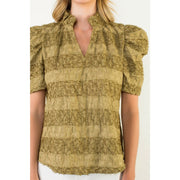 Textured Puff Sleeve Split Neck Top THML