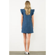 Flutter Sleeve Split Neck Textured Dress THML