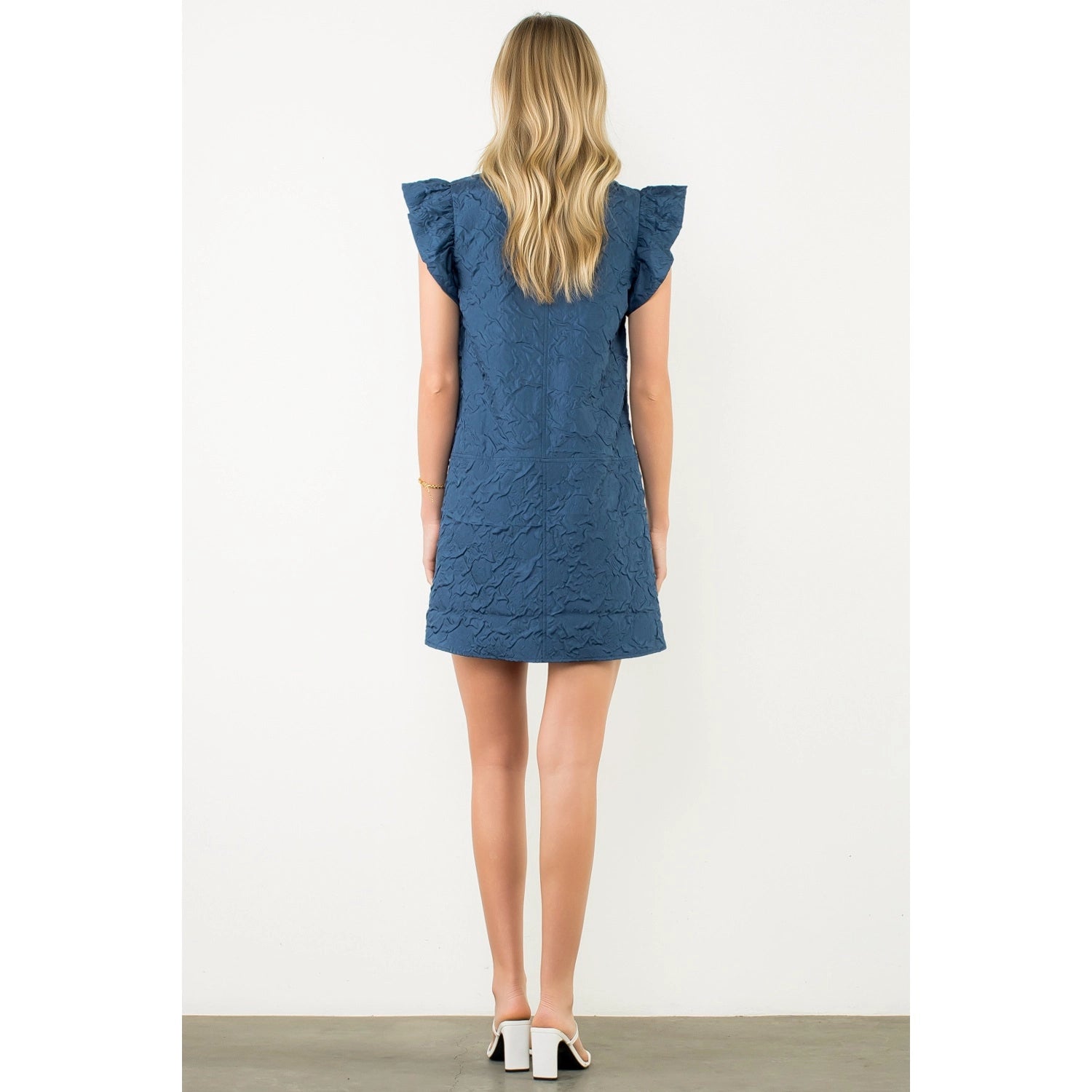 Flutter Sleeve Split Neck Textured Dress THML