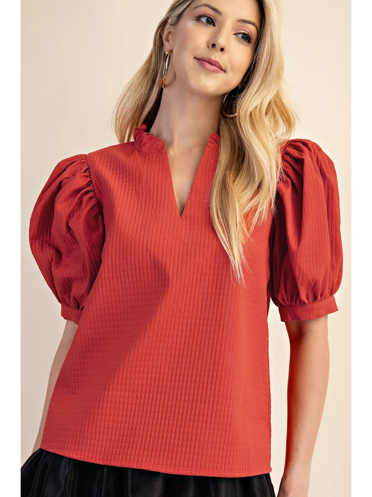 Puff Sleeve Ruffle V-Neck Textured Top Glam