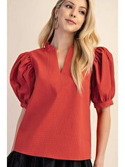 Puff Sleeve Ruffle V-Neck Textured Top Glam