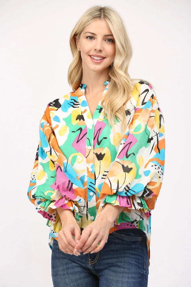 Abstract Print Bubble Sleeve Blouse