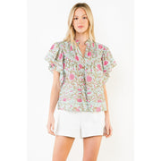 Floral Print Flutter Sleeve Top THML