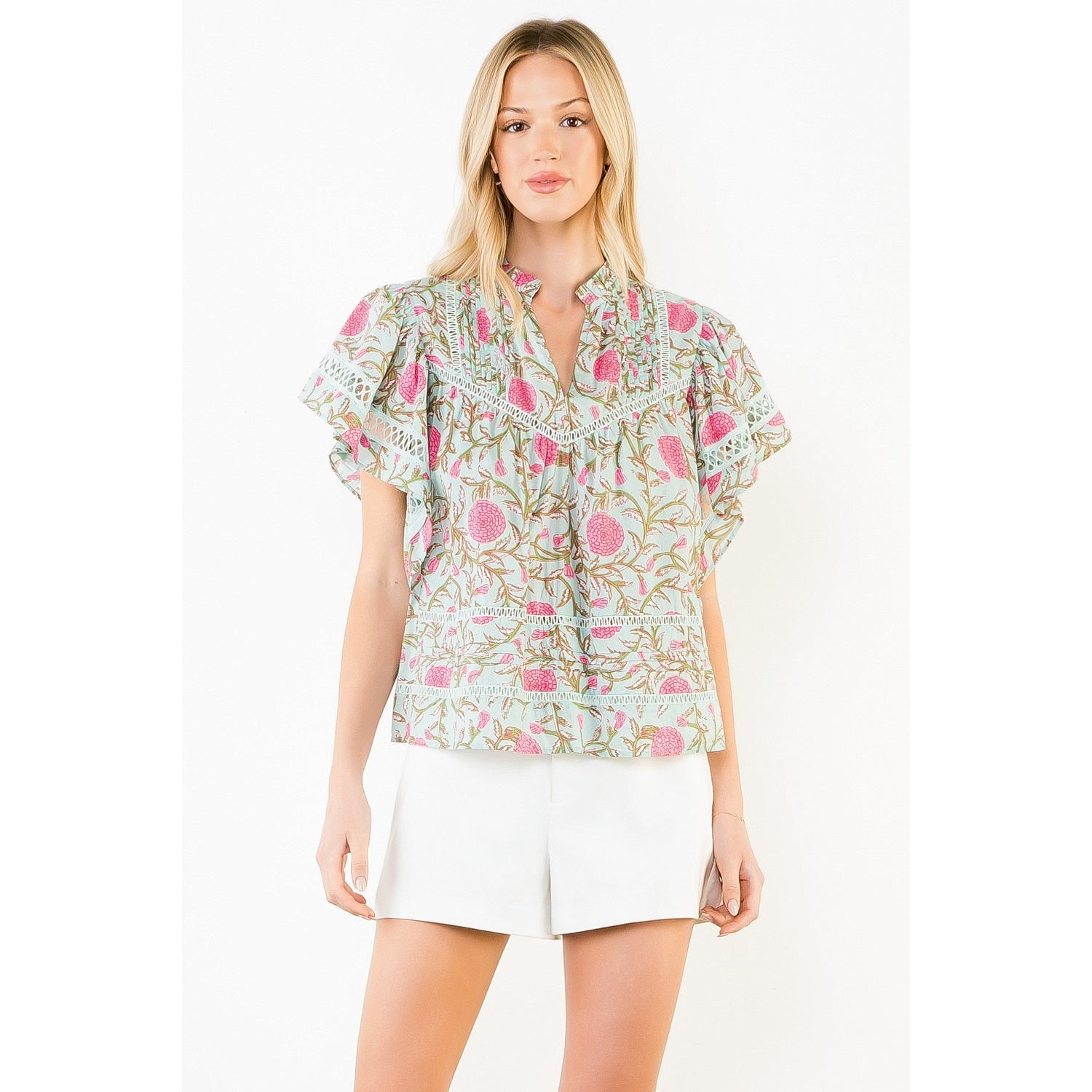 Floral Print Flutter Sleeve Top THML