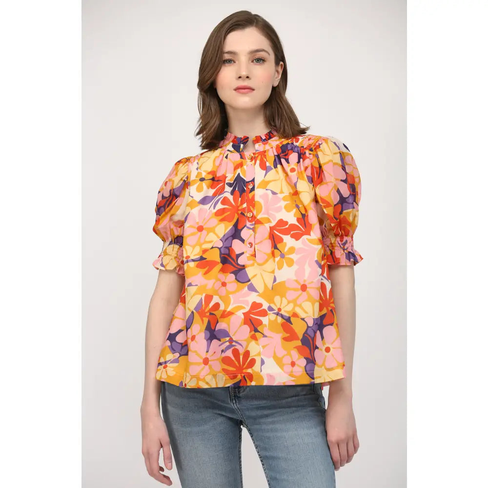 Floral Print Cotton Voile Short Puff Sleeve Top